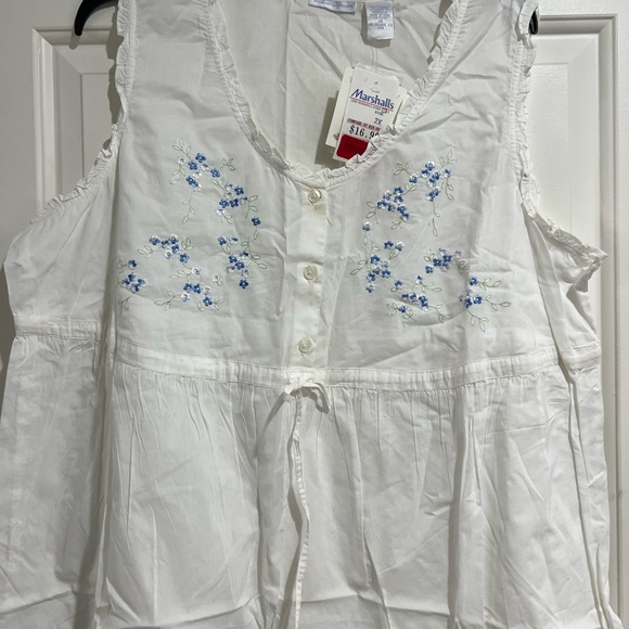 White Sleeveless with Blue Floral Embroidery Nightgown - Picture 2 of 4